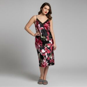 LILAC + LOUDOU Women's Lace Trim Floral Satin Feel Chemise Midi Nightgown XXL